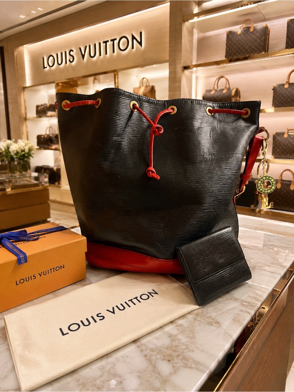 Louis Vuitton Black and Red Epi Leather Tote with wallet and lock and key #335